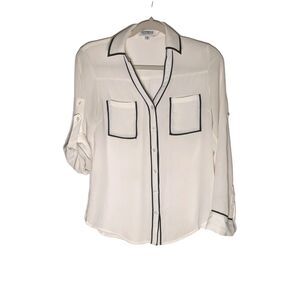 Express The Portofino Blouse Sz XS Ivory Black Trim Career Button Up Deep V Neck